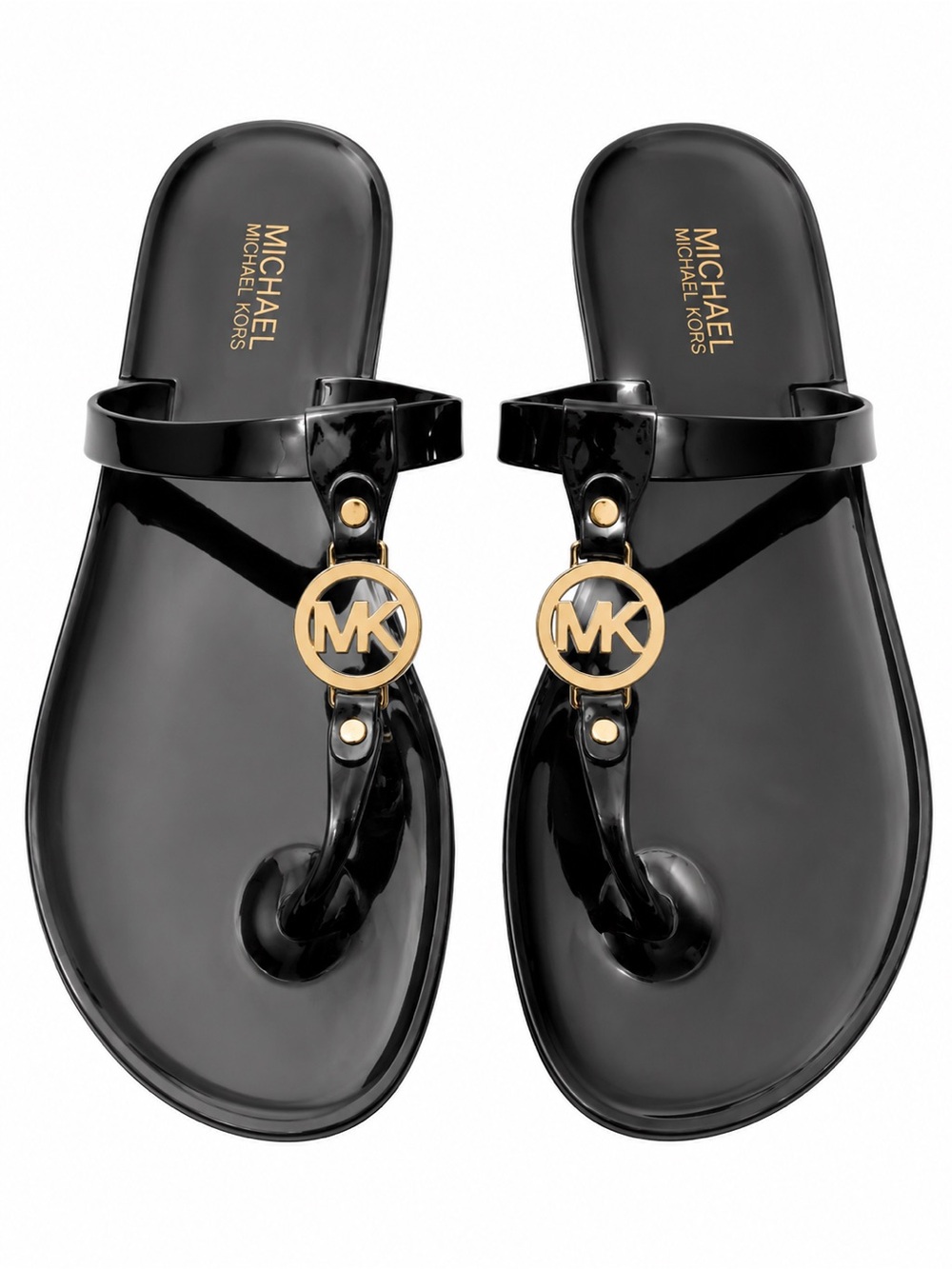 Michael Kors gold tone buckle black jelly thong sandals